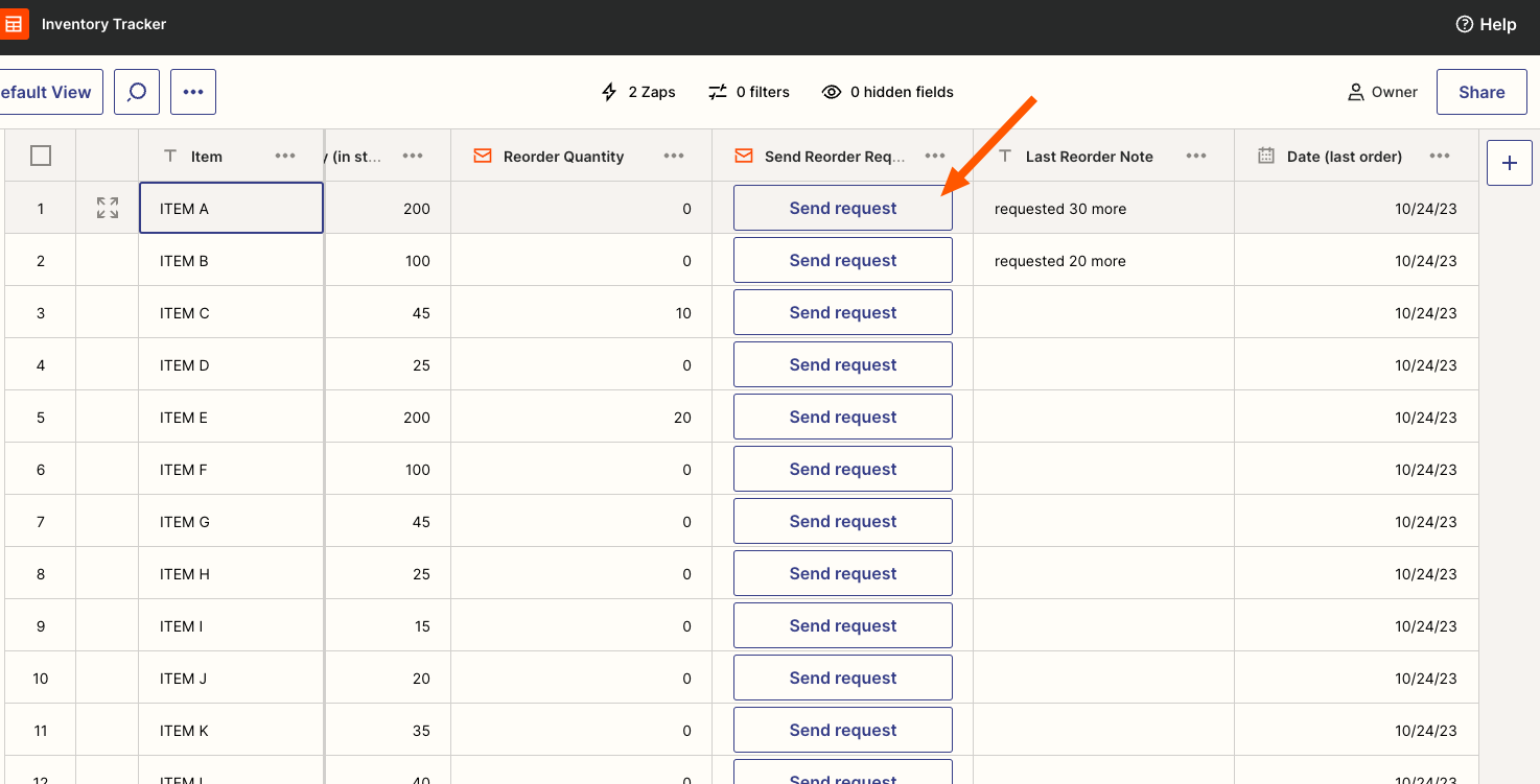 Send request button to reorder items in Zapier Table